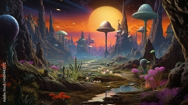 Fototapeta Alien fungi and flora on planet surface classic retro sci-fi style landscape