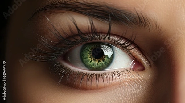 Obraz Close-up of beautiful female green eye with long eyelashes. Generative AI