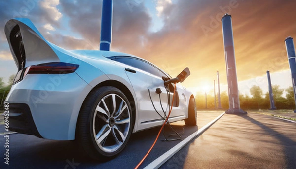 Fototapeta Close up of electric car charging power with clean energy, Power station infrastructure for sustainable or renewable energy