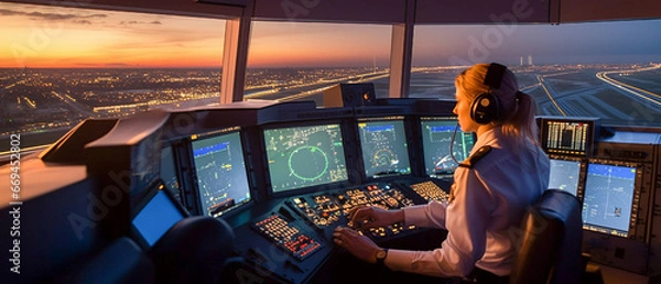 Obraz A woman air traffic controller sits at the control panel against the background of the panoramic window of the airport. A wide banner.