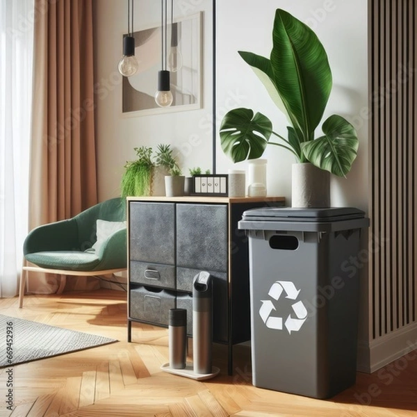 Fototapeta modern recycling garbage container located in the apartment, eco-friendly, small size