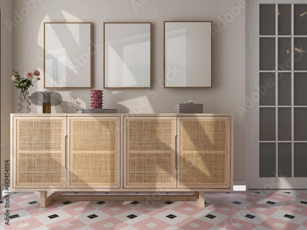 Obraz Three vertical frames mockup inside canework console. 3 empty white posters mock up with light and shadow retro interior. 3D illustration 