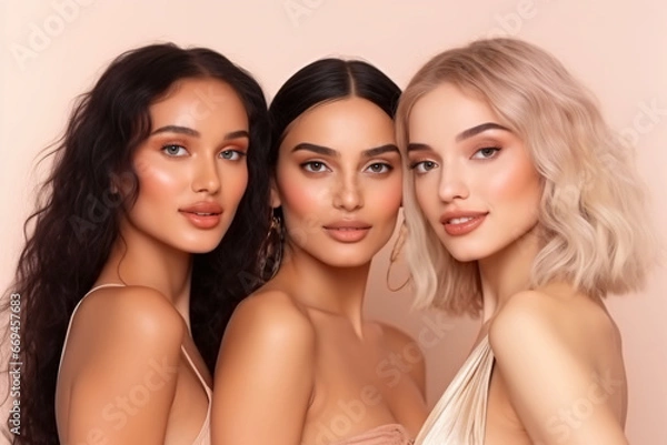 Fototapeta Smiling multi-ethnic fit girls, three models of happy and diverse young women in conjoined tops on beige background, group yoga fitness workouts. Portrait. AI generated.