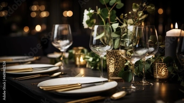 Fototapeta Glasses of champagne on the festive table on blurred restaurant background with bokeh lights