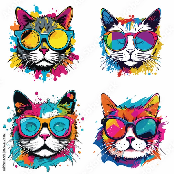 Fototapeta pop art-inspired portrayal of Cartoon Cat sporting funky, colorful eye glasses