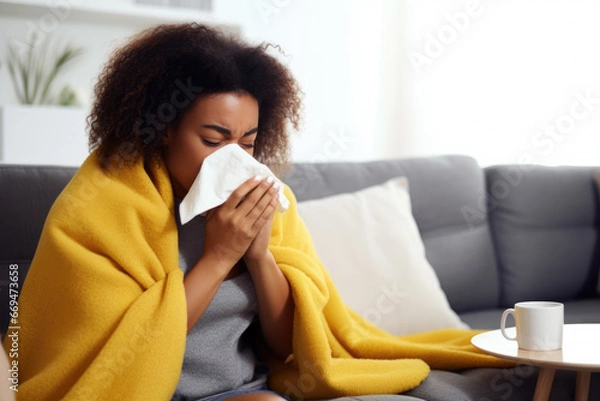Fototapeta Young black woman wrapped in a yellow blanket, blowing her nose into a white paper tissue, trying to warm up in the cold apartment