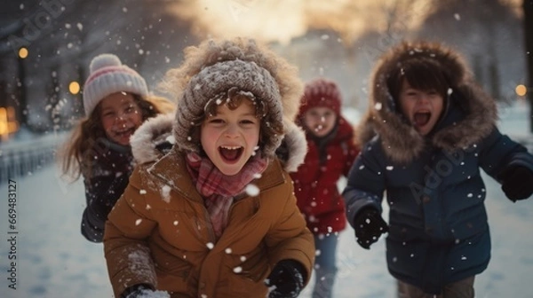 Fototapeta Portrait of a smiling girl, happy child. Kids enjoying a thrilling snowball fight in a snow-covered park, vibrant winter jackets, snowflakes mid-air. generative ai