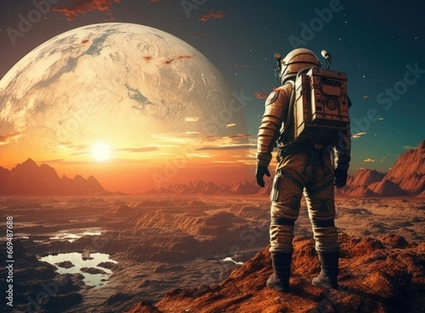 Obraz Beautiful astronaut stand in in a desert on a different planet. Generative AI
