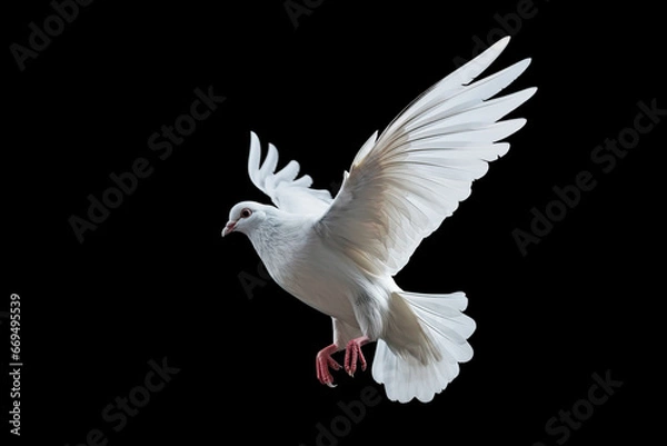 Obraz White dove flying on black background free Clipping path .international day of peace 