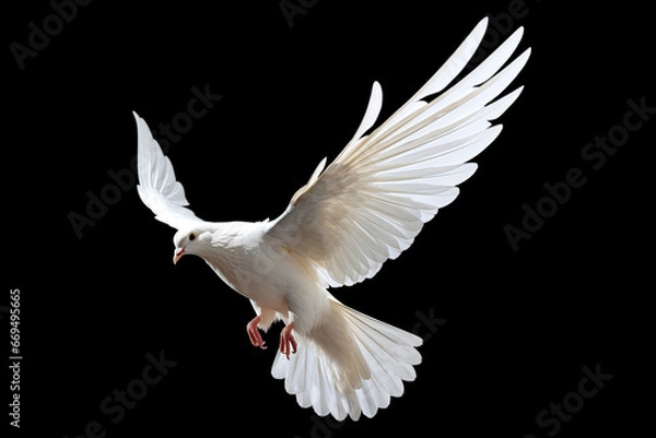 Obraz White dove flying on black background free Clipping path .international day of peace 