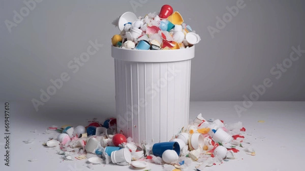 Fototapeta Overflowing Trash Bin: A Call to Action Against Plastic Pollution White Background AI