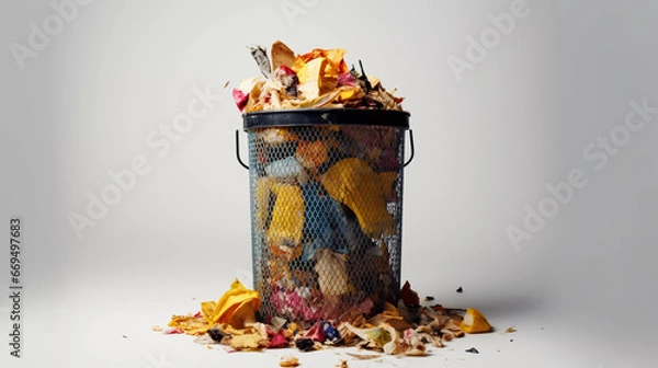 Obraz Overflowing Trash Bin: A Call to Action Against Plastic Pollution White Background AI