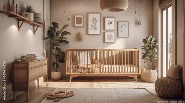 Fototapeta Modern minimalist nursery room in scandinavian style. Baby room interior in light colours, AI generated image