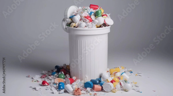 Fototapeta Overflowing Trash Bin: A Call to Action Against Plastic Pollution White Background AI