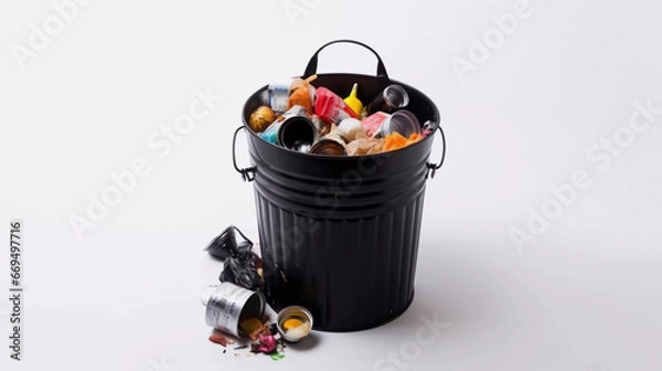 Fototapeta Overflowing Trash Bin: A Call to Action Against Plastic Pollution White Background AI