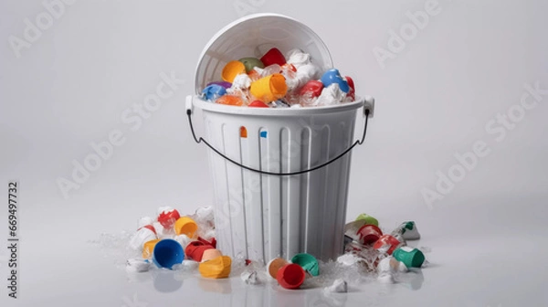 Obraz Overflowing Trash Bin: A Call to Action Against Plastic Pollution White Background AI