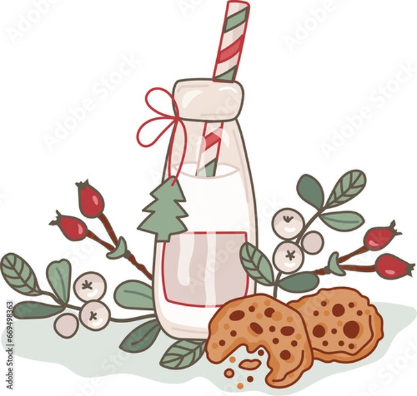 Obraz Glass bottle with milk and cookies for Santa. Vector illustration.