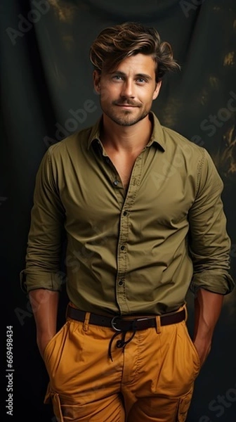 Fototapeta Full body of charming cheerful positive young man hold hands pockets on background. Man portrait illustration. Generative AI