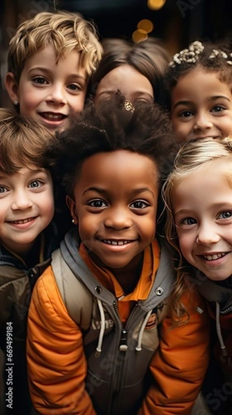 Fototapeta Closeup face of happy multiethnic children embracing each other and smiling at camera. Team of smiling kids embracing together in a circle. People portrait illustration. Generative AI