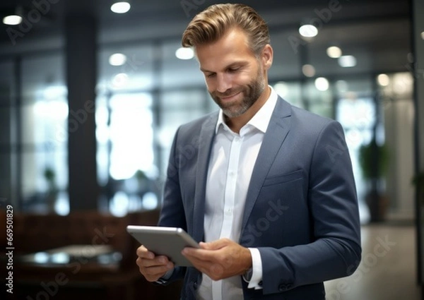 Fototapeta Handsome happy middle aged business man, ceo wearing suit standing in office using digital tablet. Smiling mature businessman looking away thinking working on tech device