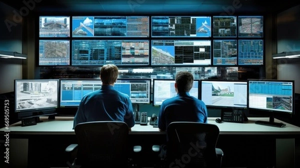 Fototapeta Security officers watching office surveillance monitors (Composite)