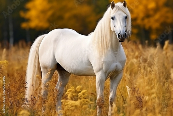 Fototapeta Beautiful white stallion with long mane running in the field