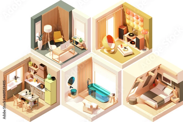 Fototapeta Vector isometric home rooms set. Rooms cross-sections. Bedroom, living room, kitchen, home office, dining room. Furniture and decoration