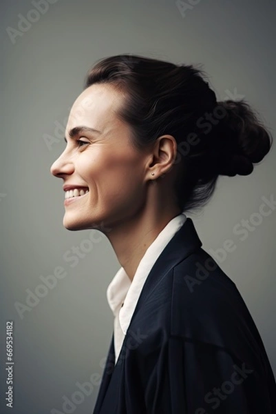 Fototapeta profile view of European business woman smiling against light background, copy space