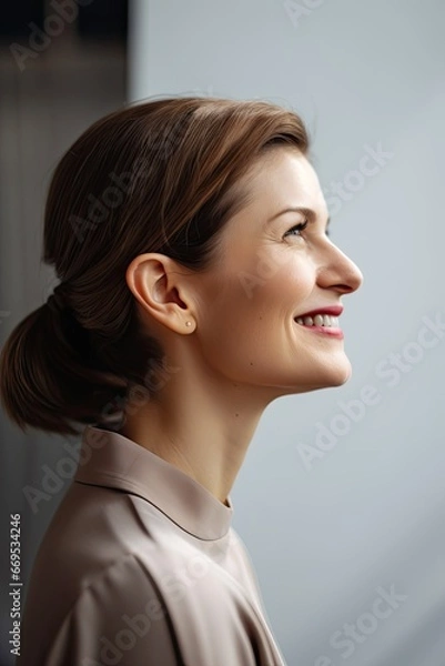 Fototapeta profile view of European business woman smiling against light background, copy space