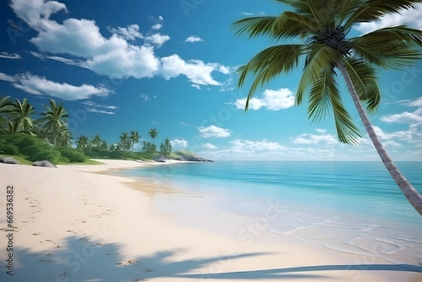 Fototapeta tropical beach view at sunny day with white sand, turquoise water and palm tree. Neural network generated image. Not based on any actual scene or pattern.