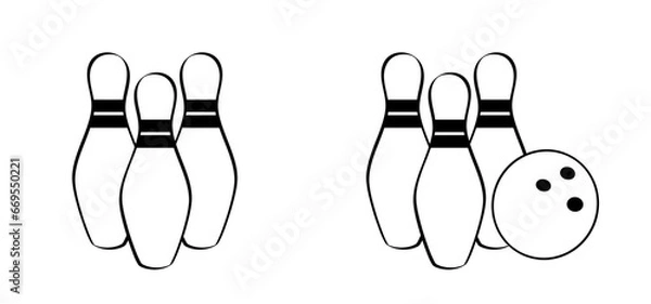 Fototapeta Cartoon bowling pin with stripes and bowling ball. Bowling strike idea. Sport or hobby game. Playing in a team, competition or tournament. Bowling pins and skittles. Play kegling team.