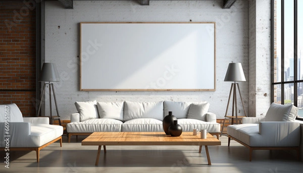 Fototapeta Modern living room Mockup poster frame on the wall, a stylish sofa in Scandinavian Livingroom, 3d rendering, 3d illustration copy space. Stylish interior design
