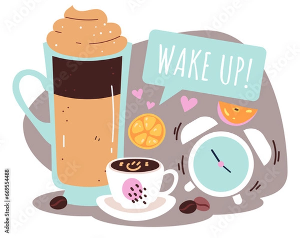 Fototapeta Coffee drink mug morning breakfast alarm concept. Vector flat graphic design illustration
