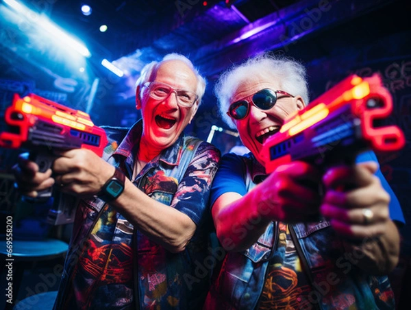 Obraz A Photo of Elderly Friends Having a Blast While Playing Laser Tag