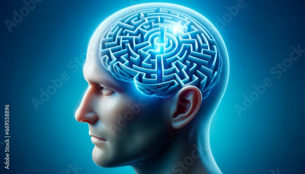 Fototapeta human head with brain and maze over blue background. Generative AI