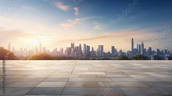 Obraz photo taken of the floor with the skyline at sunrise in the background