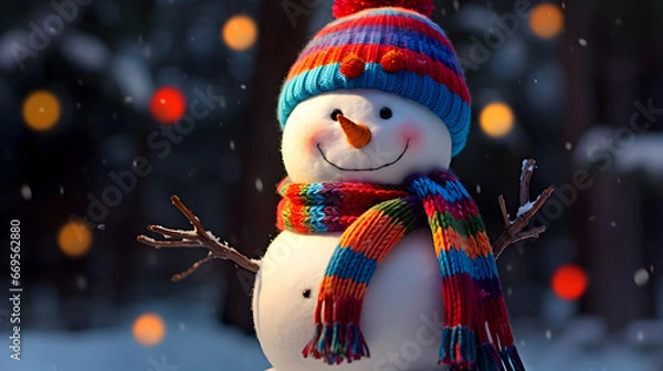 Fototapeta An High-Definition Capture of an Happy and Smiling Snowman in the Winter wearing a Coloured Scarf. 4K