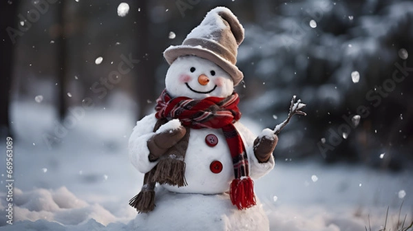 Fototapeta An High-Definition Capture of an Happy and Smiling Snowman in the Winter wearing a Coloured Scarf. 4K