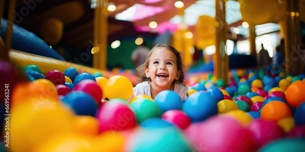 Obraz Joyful child immersed in play, navigating through a vibrant ball pit at an indoor playground , concept of Carefree adventure