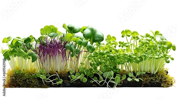 Obraz 3d rendering close up fresh organic assortment of microgreens isolated on transparent background. Growing cabbage, alfalfa, sunflower, arugula, mustard sprouts. Healthy lifestyle concept