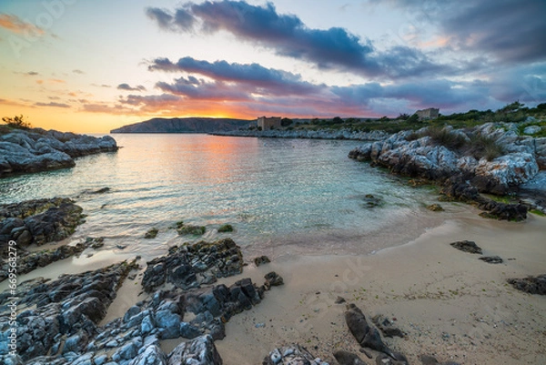 Fototapeta Sunset sky over beautiful beach and water bay in the greek spectacular coast line. Reflection on water, unique rocky cliffs, Greece summer top travel destination Mani peninsula Peloponnese