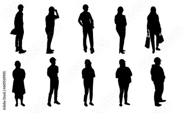 Fototapeta Construction engineer silhouette, Architect man and woman outline walking, Vector vector people man working on white background