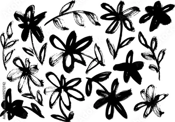 Fototapeta Grunge Dry Brush Vector Flowers Set.