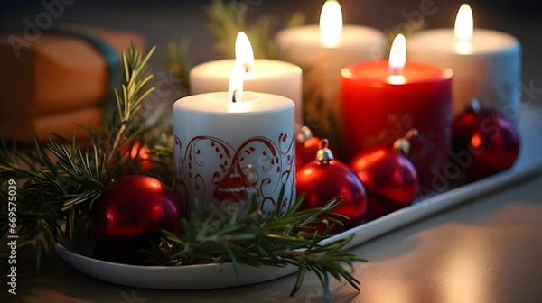 Fototapeta Colorful Christmas-themed Candle with Decorations, High Definition 4K