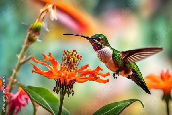 Fototapeta A hummingbird hovering in front of a vibrant tropical flower, sipping nectar.