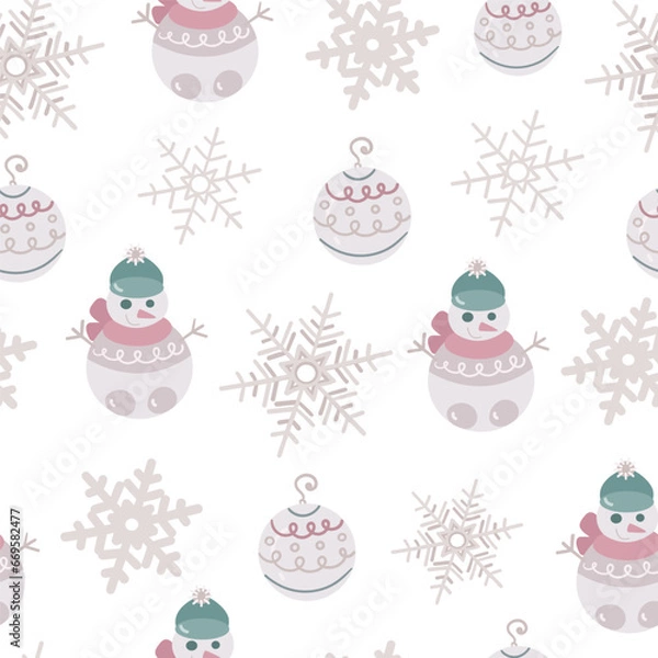 Obraz New Years seamless pattern with snowflakes, Christmas balls and snowmen on a white background. Vector.