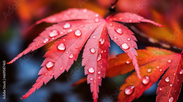 Obraz Japanese maple red leaf water dropping fall close short  