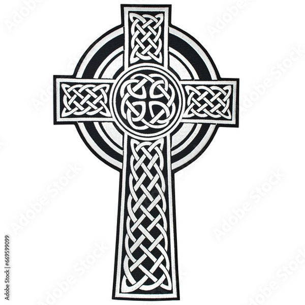 Fototapeta Embroidered patch with the image of celtic cross. Accessory for rockers, bikers, metalheads and punks. Occult symbolism.