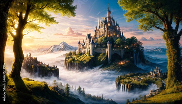 Fototapeta 絵画風イラスト 霧の中の城 背景素材