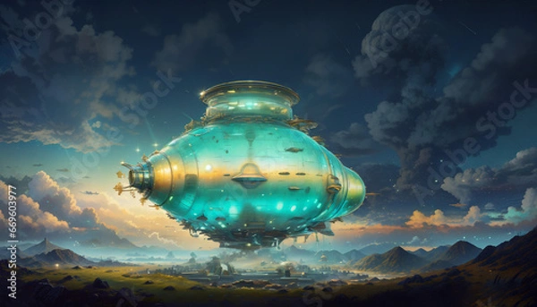 Fototapeta 絵画風イラスト 巨大空中都市 背景素材